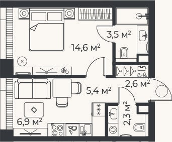 Планировка: 2-к, 35,3 м²