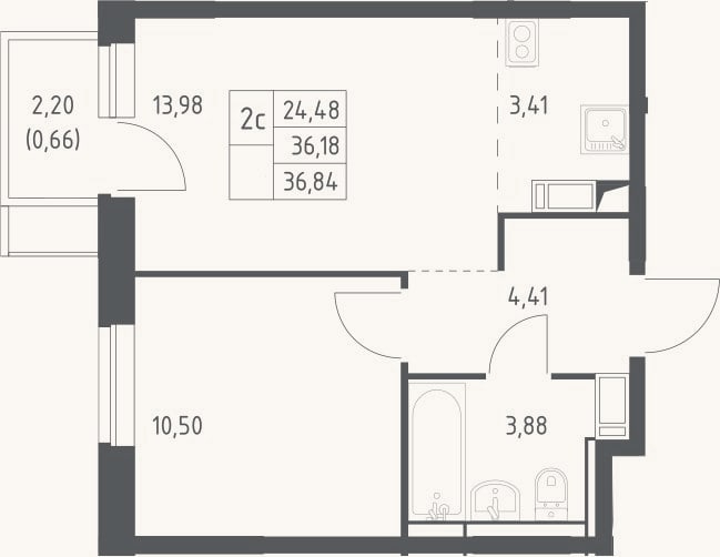 Планировка: 2-к, 36,2 м²