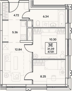 Планировка: 3-к, 47,8 м²