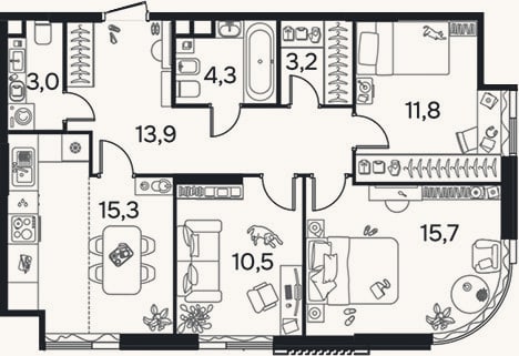 Планировка: 3-к, 77,5 м²