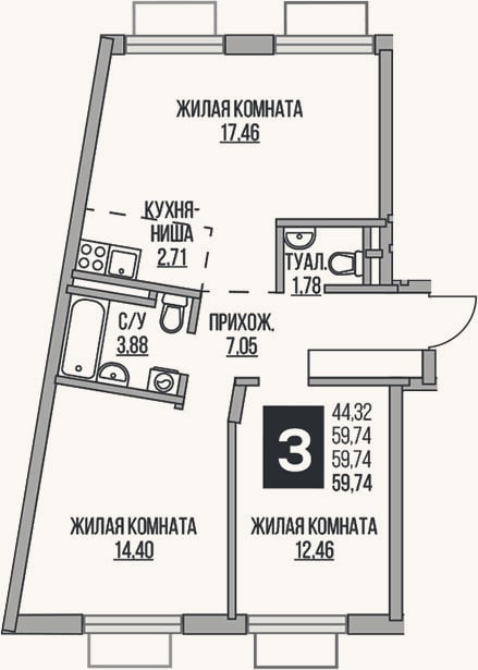 Планировка: 3-к, 59,7 м²