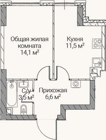 Планировка: 1-к, 35,7 м²