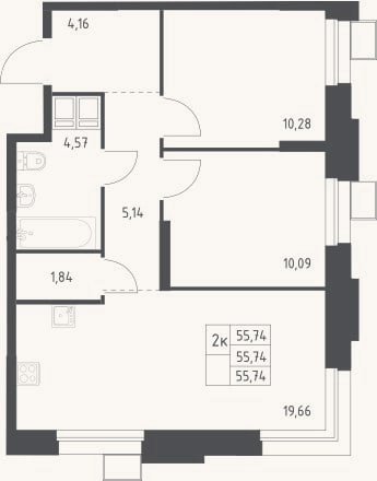 Планировка: 3-к, 55,7 м²