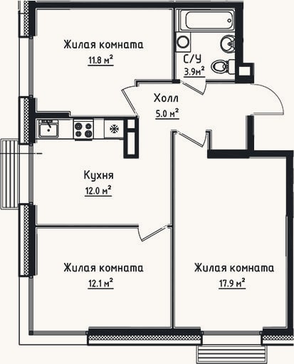 Планировка: 3-к, 62,7 м²