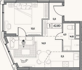 Планировка: 2-к, 42,8 м²