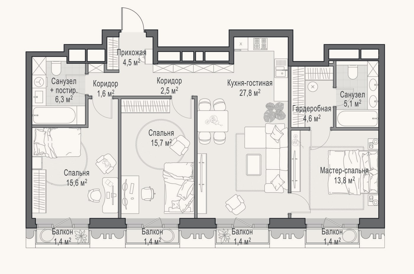Планировка: 4+ к, 96,9 м²