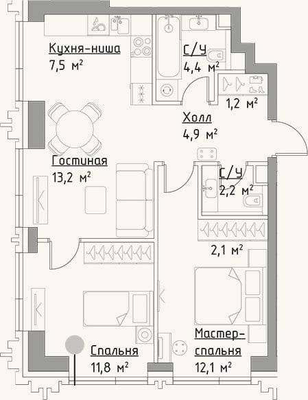 Планировка: 3-к, 59,4 м²