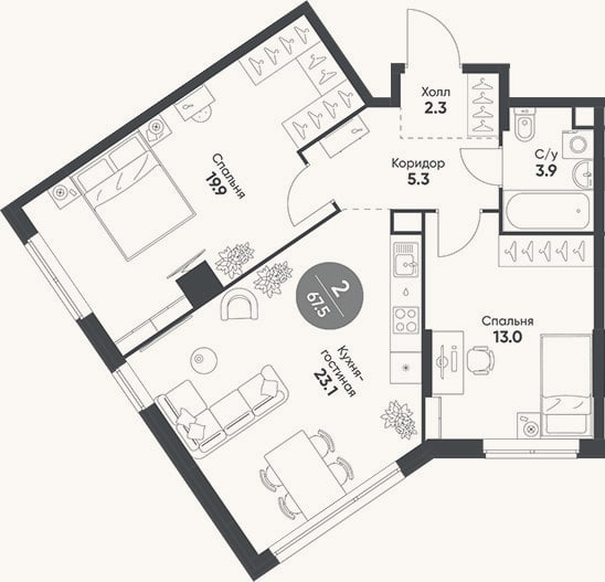 Планировка: 3-к, 67,5 м²