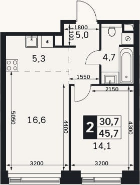 Планировка: 2-к, 45,7 м²
