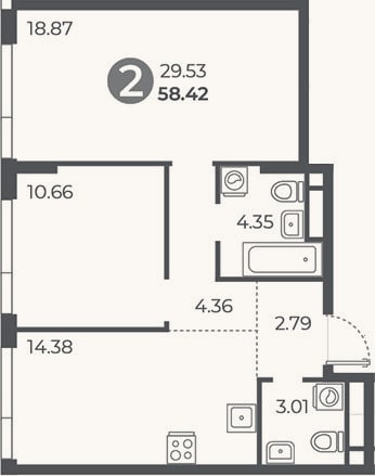 Планировка: 2-к, 58,4 м²