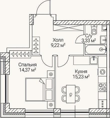 Планировка: 1-к, 42,2 м²