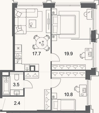Планировка: 3-к, 62,1 м²