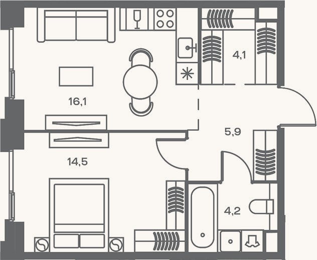 Планировка: 2-к, 44,8 м²