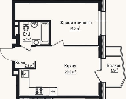 Планировка: 1-к, 41,5 м²