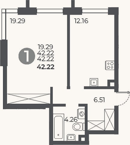 Планировка: 1-к, 42,2 м²