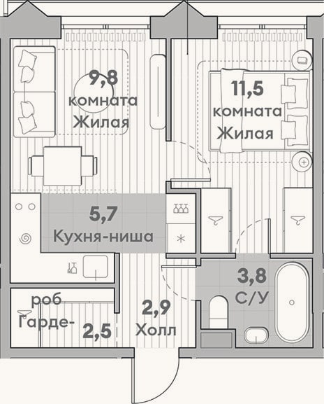 Планировка: 2-к, 36,2 м²