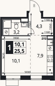 Планировка: Студия, 25,5 м²