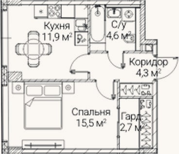 Планировка: 1-к, 39 м²