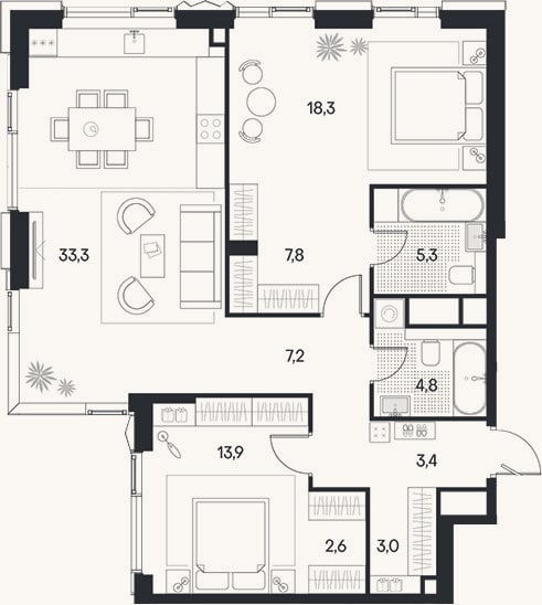 Планировка: 3-к, 99,6 м²