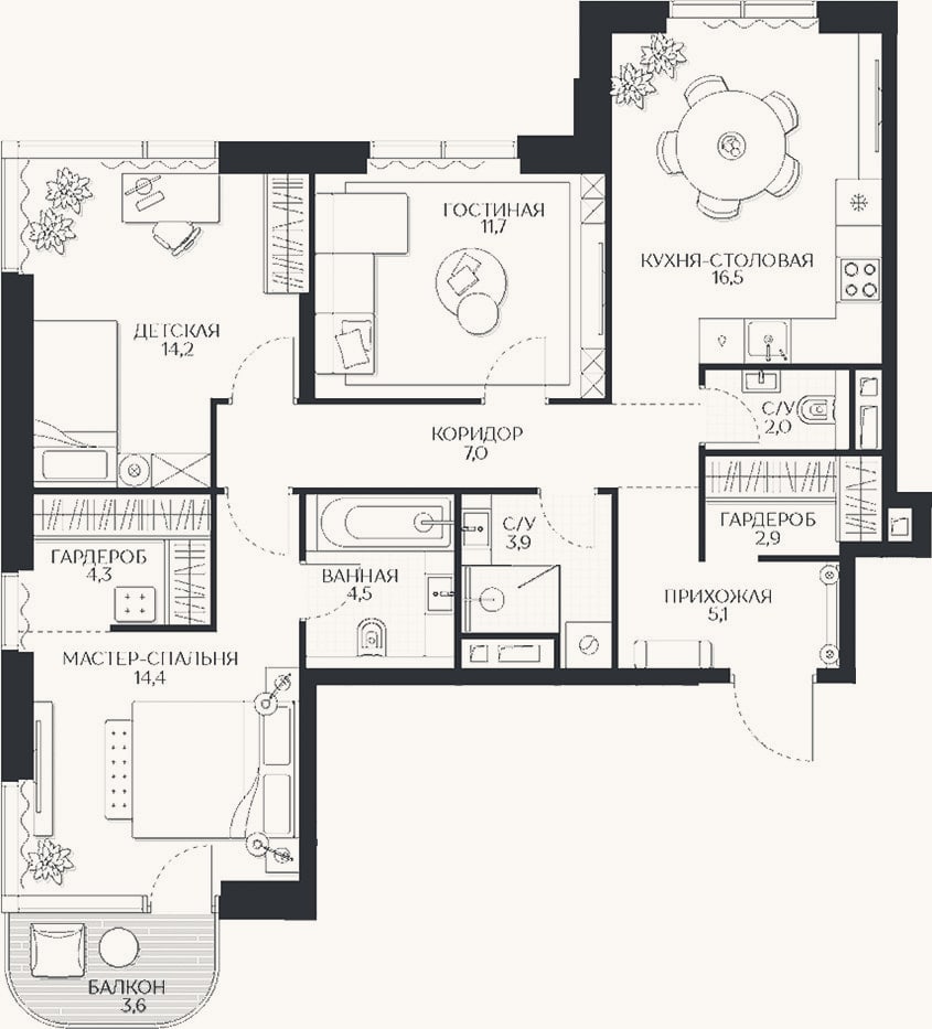 Планировка: 3-к, 86,5 м²