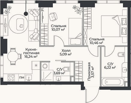 Планировка: 3-к, 55,3 м²