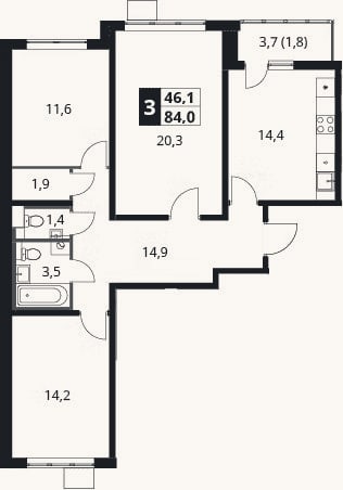 Планировка: 3-к, 82,2 м²