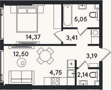 Планировка: 2-к, 45,4 м²