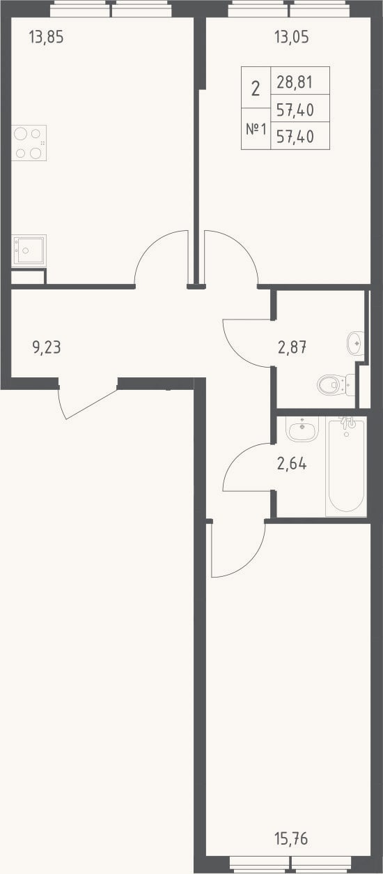Планировка: 2-к, 57,4 м²