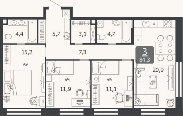 Планировка: 4+ к, 84,3 м²