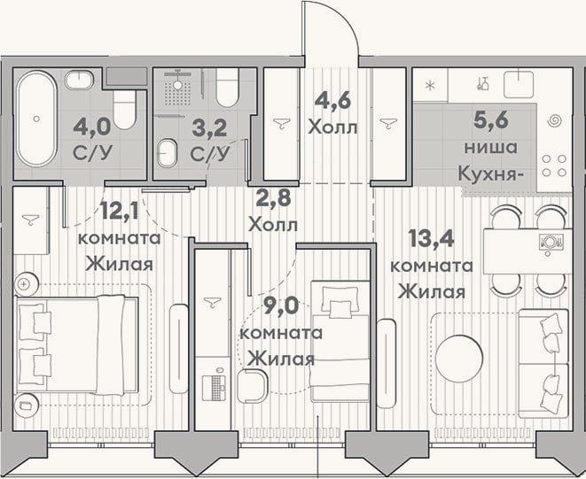 Планировка: 3-к, 54,7 м²