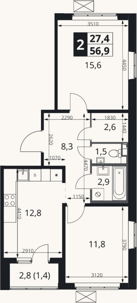 Планировка: 2-к, 55,5 м²