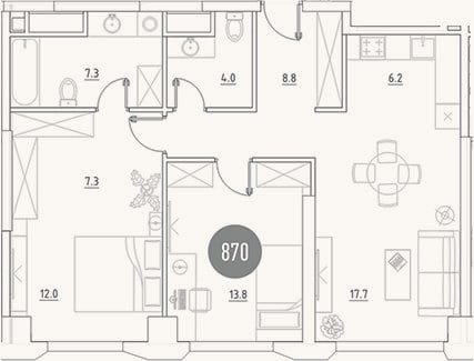 Планировка: 3-к, 77,1 м²