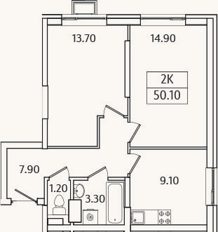 Планировка: 2-к, 50,1 м²
