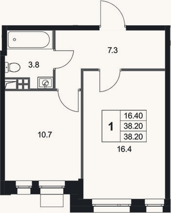 Планировка: 1-к, 38,2 м²