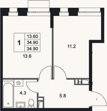 Планировка: 1-к, 34,9 м²