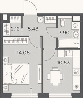 Планировка: 1-к, 36,1 м²