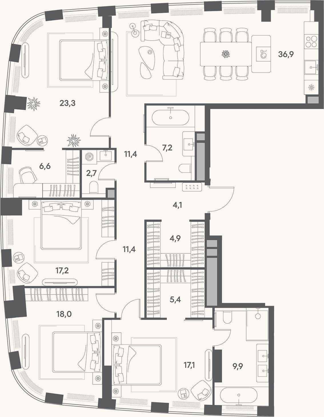 Планировка: 4+ к, 164,7 м²
