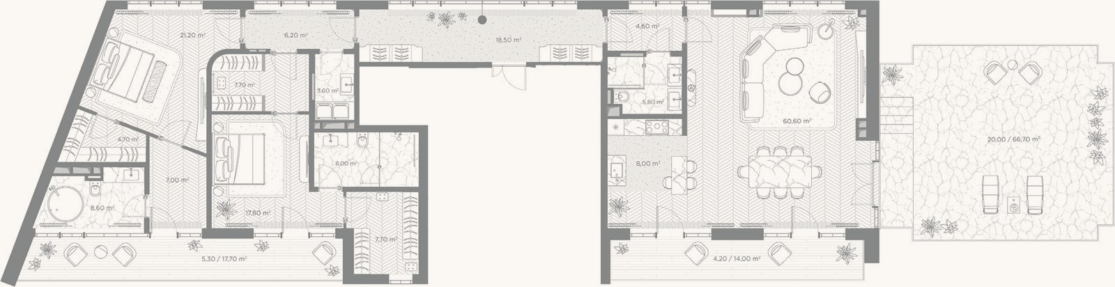 Планировка: 2-к, 190 м²