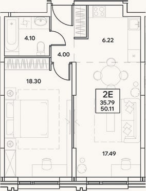 Планировка: 2-к, 50,1 м²