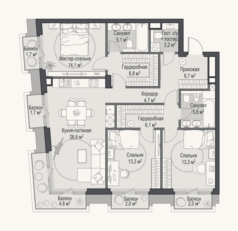 Планировка: 4+ к, 107,7 м²