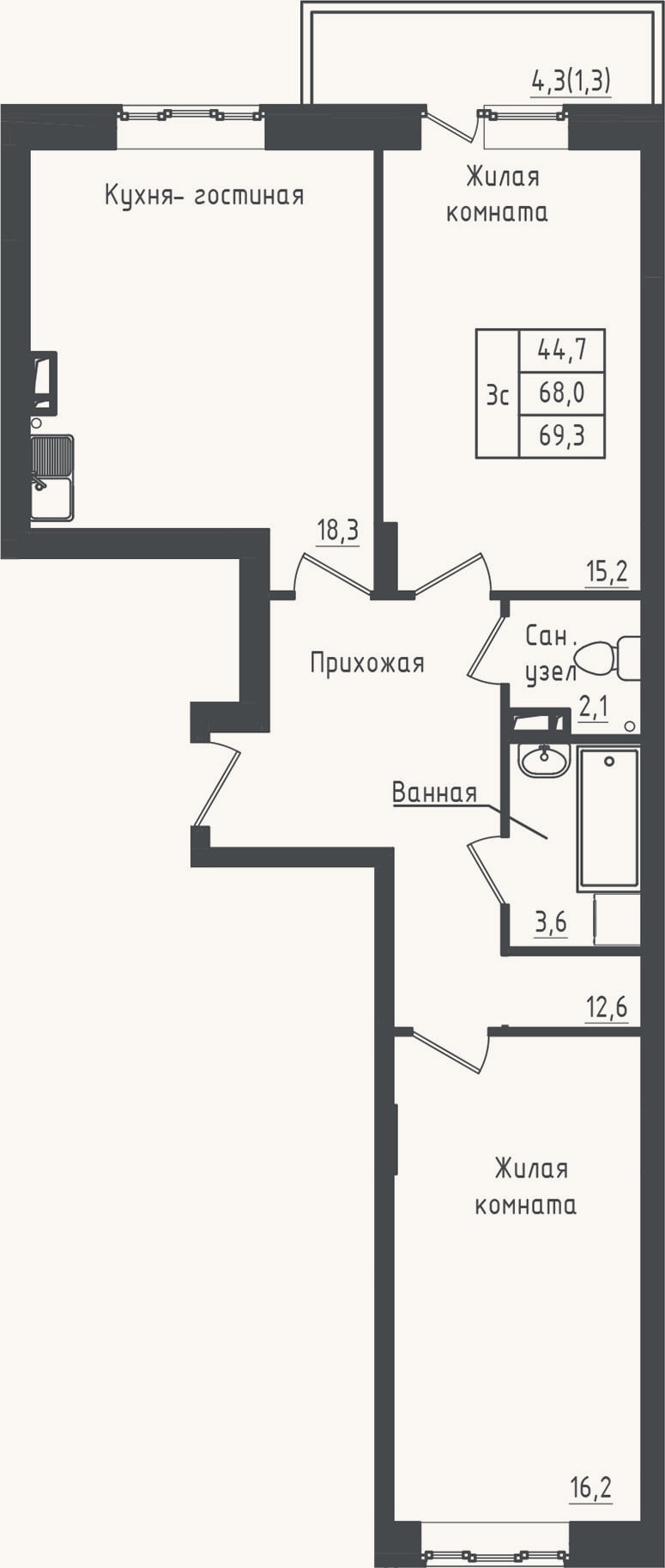 Планировка: 2-к, 68 м²