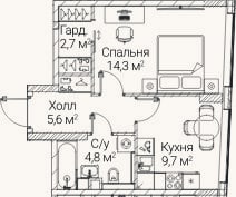 Планировка: 1-к, 37,2 м²