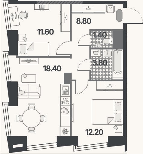 Планировка: 3-к, 56,2 м²