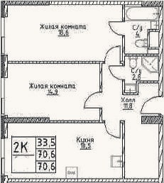 Планировка: 2-к, 70,6 м²