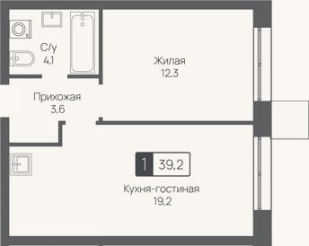 Планировка: 2-к, 39,2 м²
