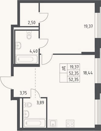 Планировка: 2-к, 52,4 м²