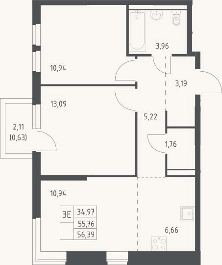 Планировка: 3-к, 55,8 м²