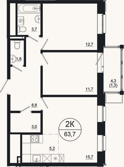 Планировка: 3-к, 62,4 м²