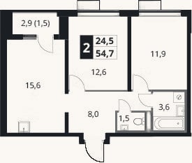 Планировка: 2-к, 53,2 м²