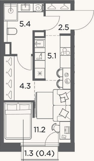 Планировка: Студия, 28,5 м²